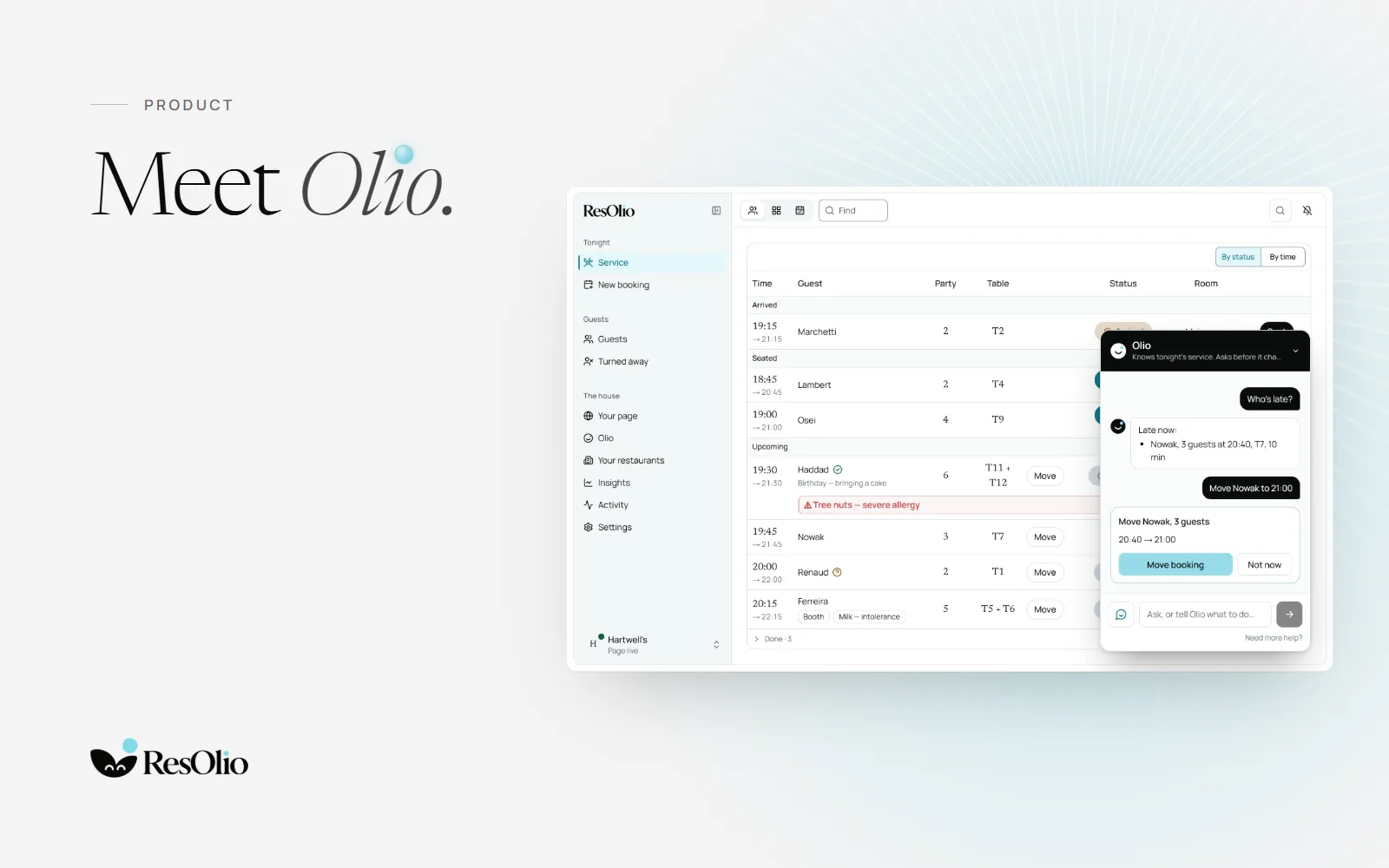 Olio open beside ResOlio's service screen, offering to move a late party's booking and changing nothing until someone taps.