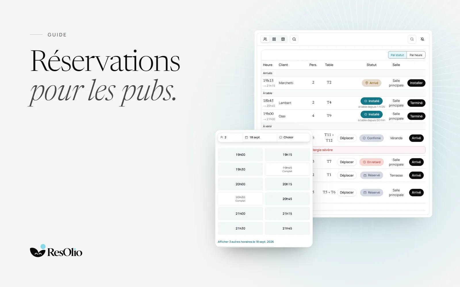 L’écran de service de ResOlio pour un pub, avec par-dessus les horaires libres de la page de réservation.