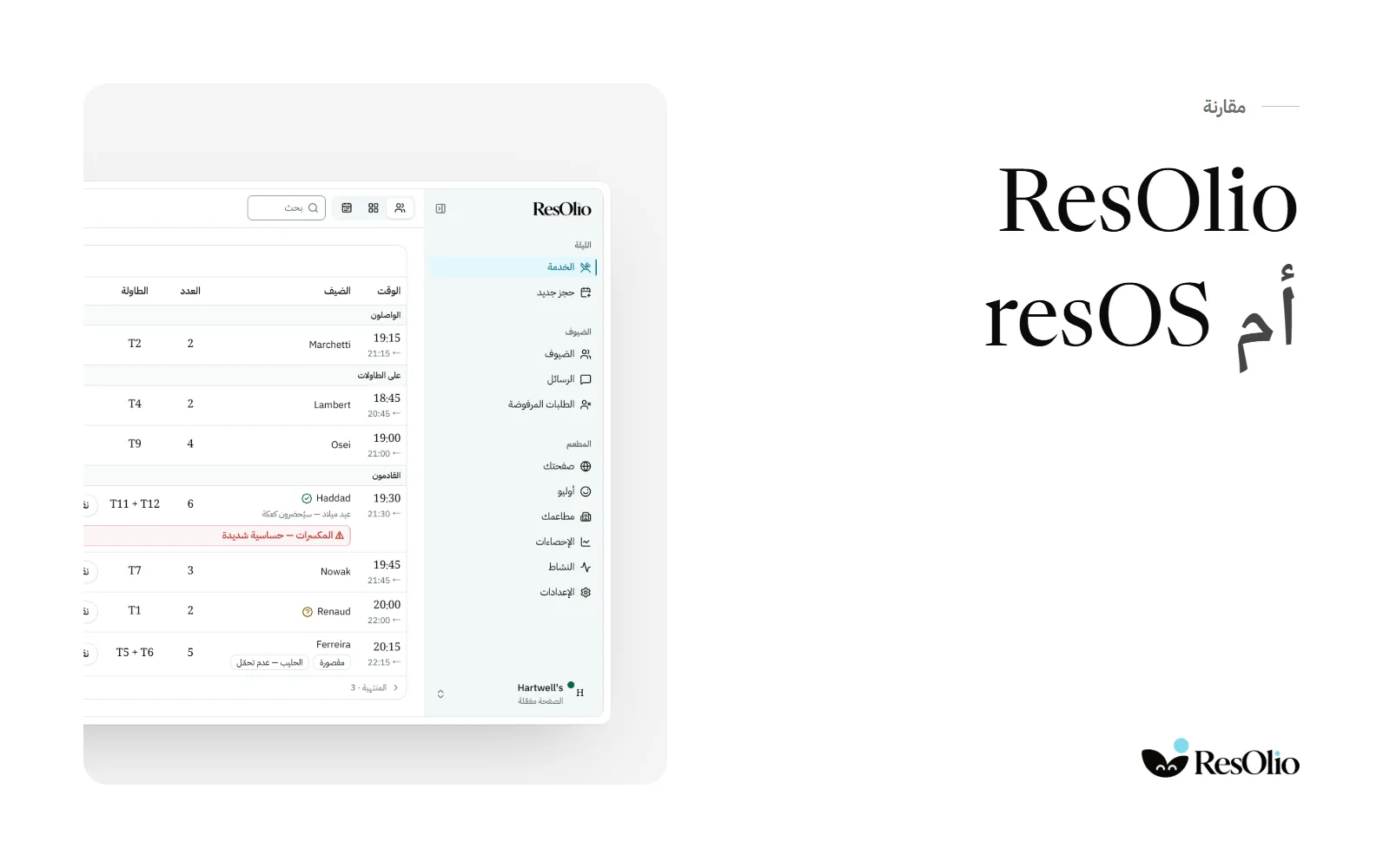 ResOlio أم resOS، بجانب شاشة الخدمة في ResOlio وحجوزات الليلة بحسب حالتها.