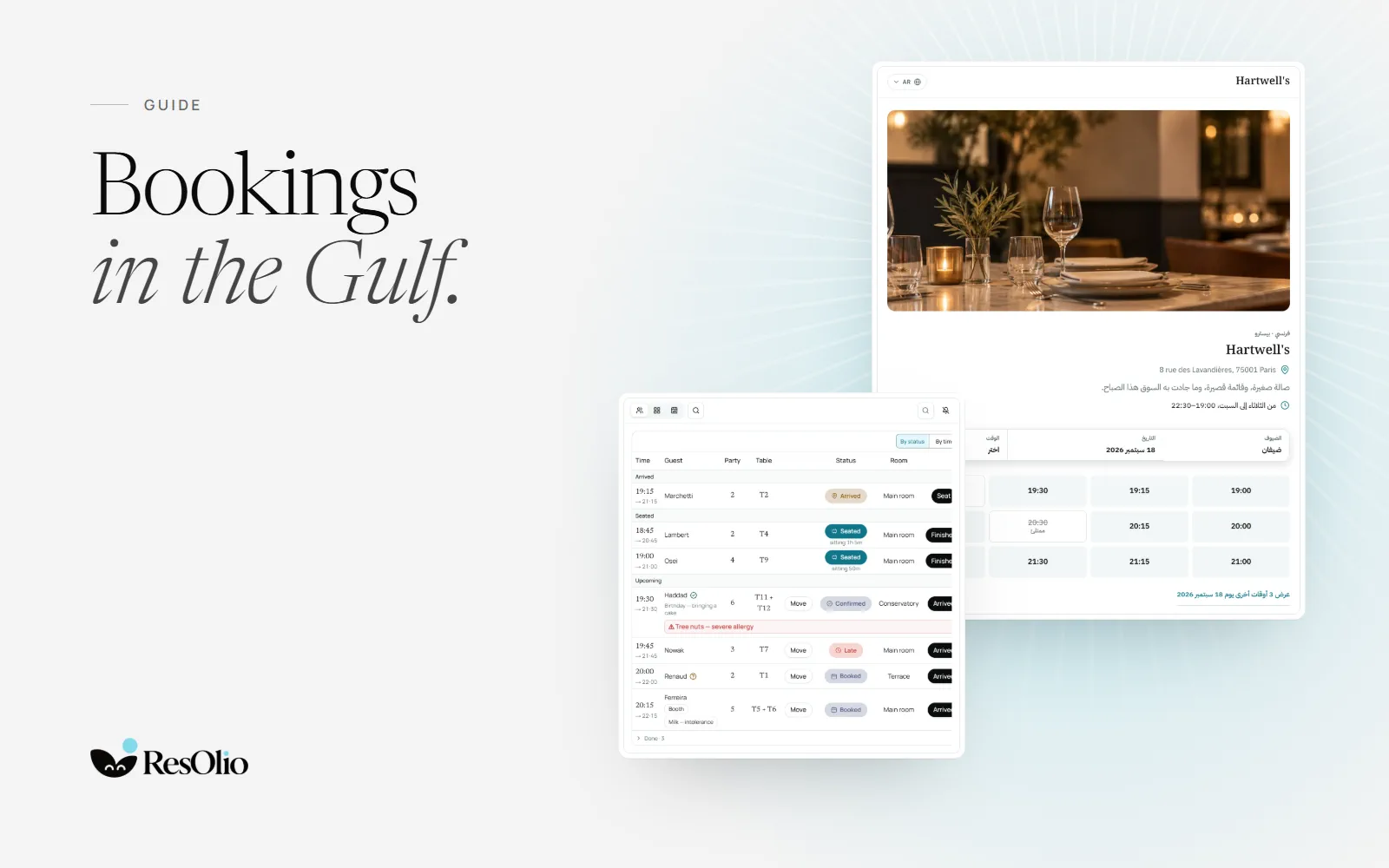 Bookings in the Gulf: a restaurant’s ResOlio booking page in Arabic, reading right to left, beside the service screen’s list of tonight’s bookings.