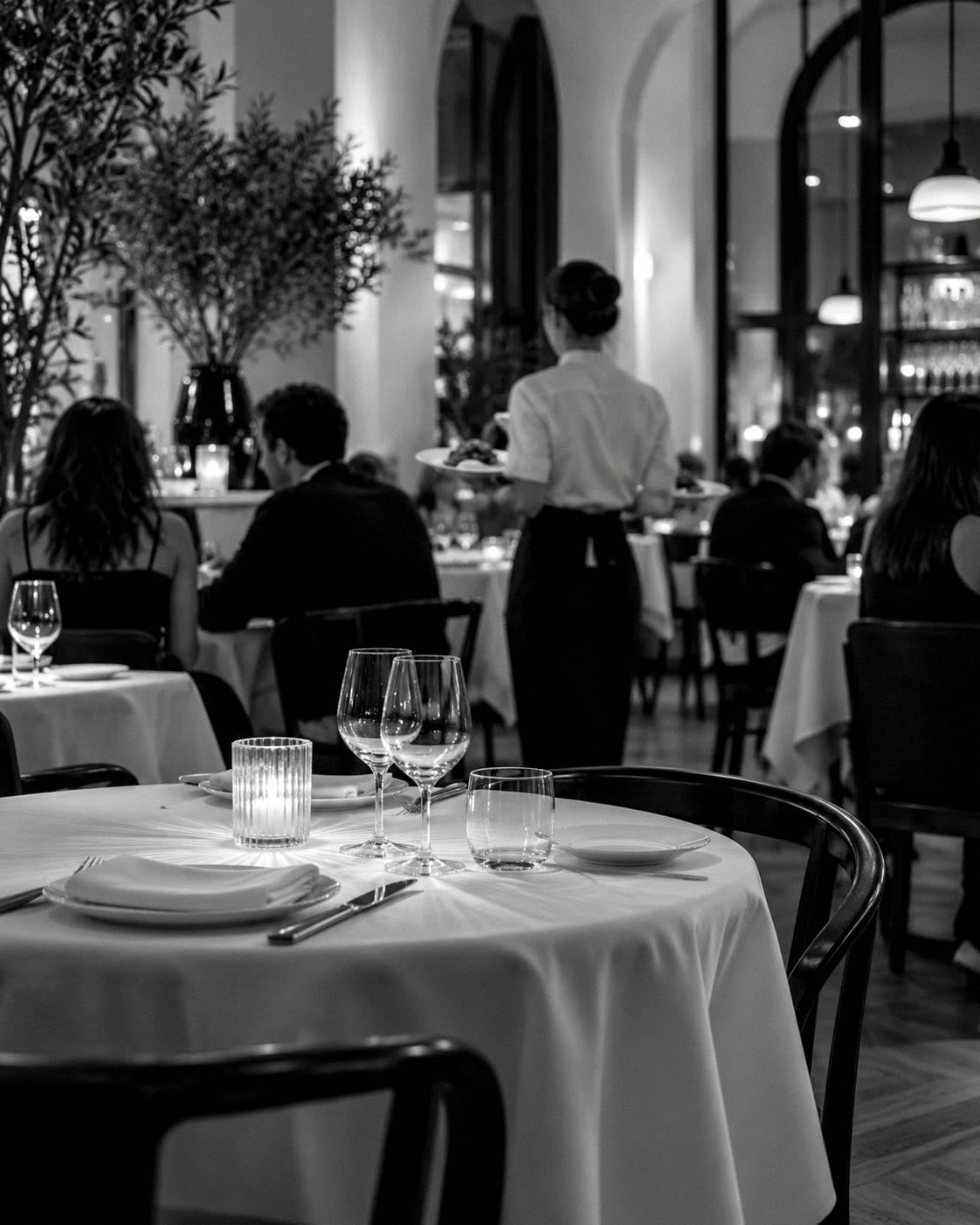 A small bistro's dining room at dinner, a laid table for two in front and a server carrying plates between full tables.