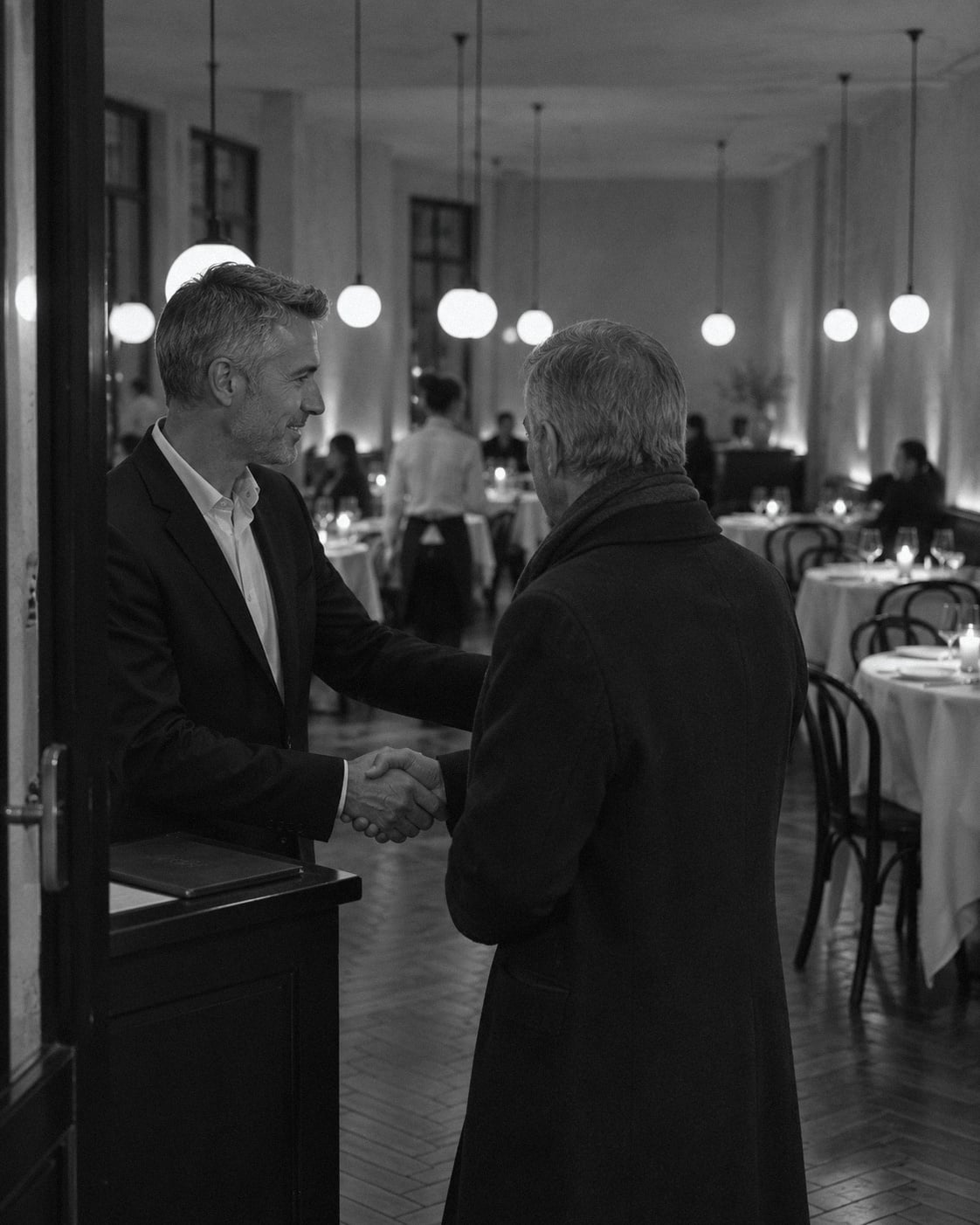 A host greeting a returning guest at the door of a restaurant.