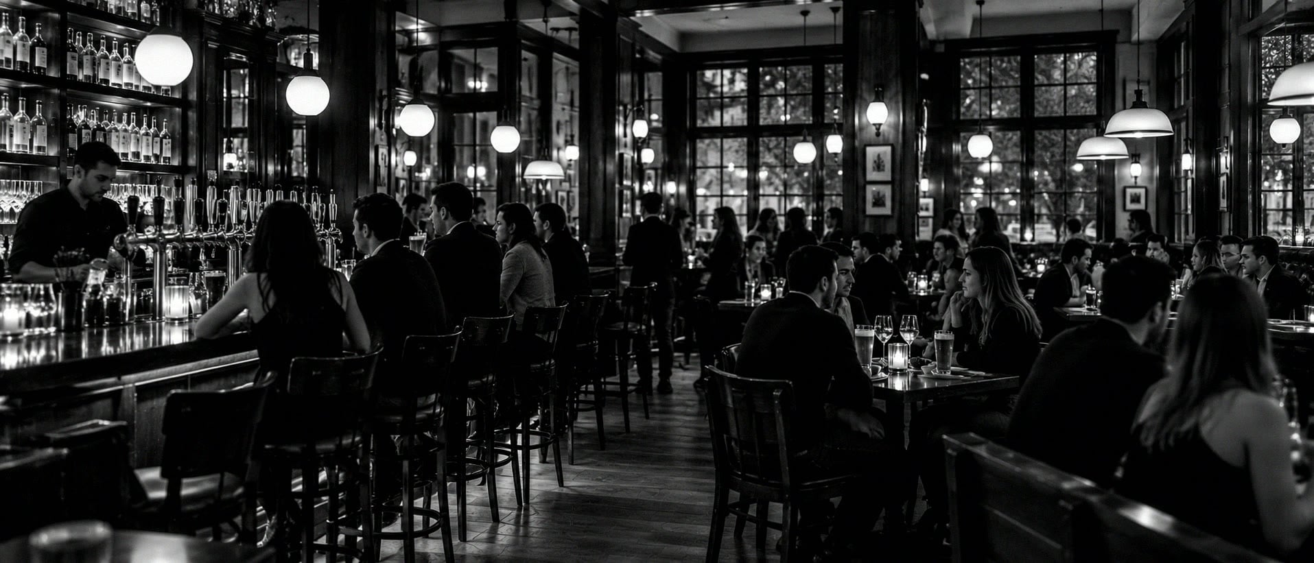 Un pub traditionnel un soir d’affluence, du monde au long comptoir en bois et des groupes aux tables.