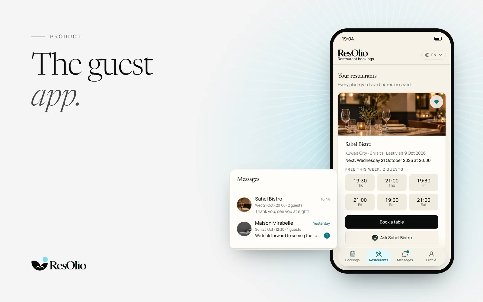 ResOlio: Restaurant bookings on a phone, with a restaurant’s free times this week, beside the Messages list.