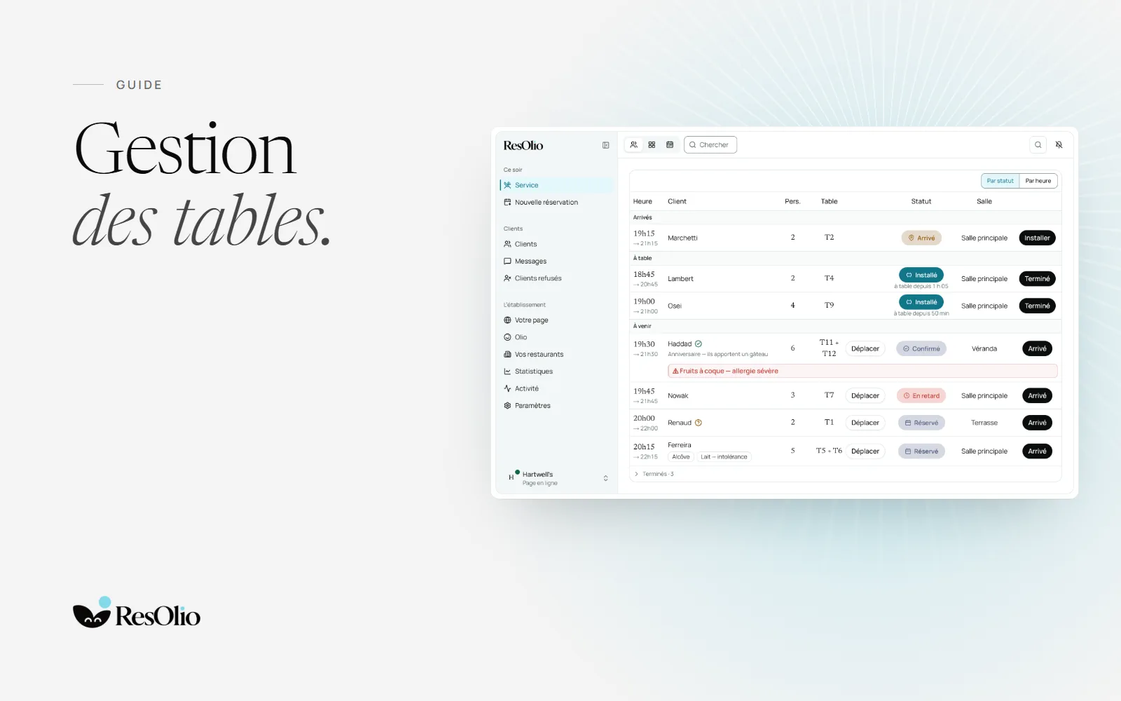 Gestion des tables : l’écran de service de ResOlio avec les clients du soir par statut, arrivés, installés et à venir, et des tables comme T11 + T12 réunies pour un groupe de six.
