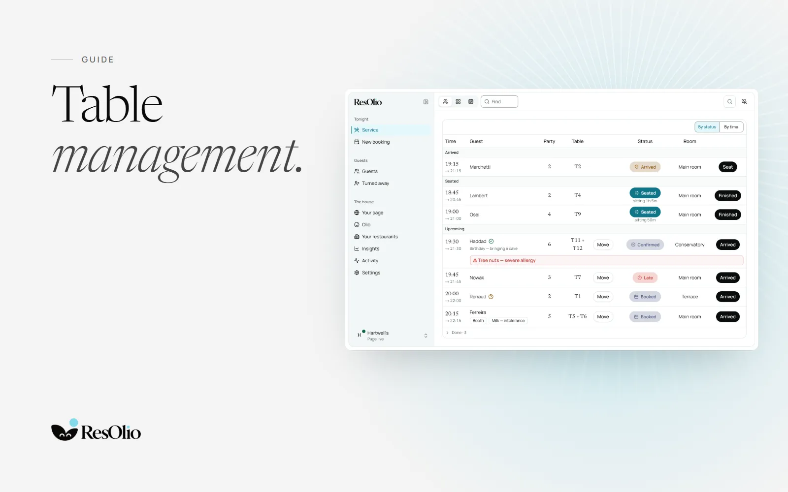 Table management: ResOlio’s service screen with tonight’s guests by status, arrived, seated and upcoming, and tables such as T11 + T12 joined for a party of six.