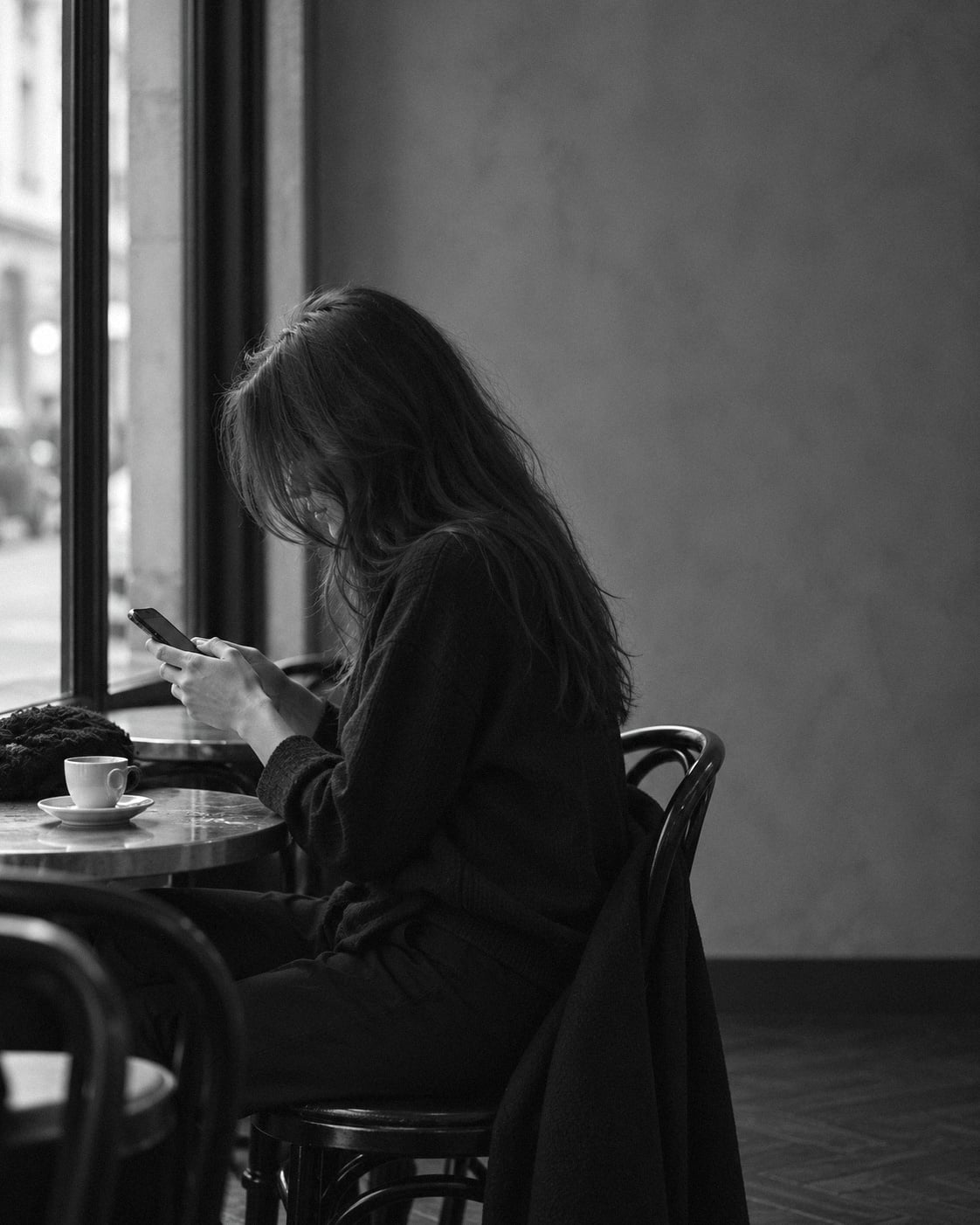 في مقهى، شخص يكتب رسالة على هاتفه لحجز طاولة.