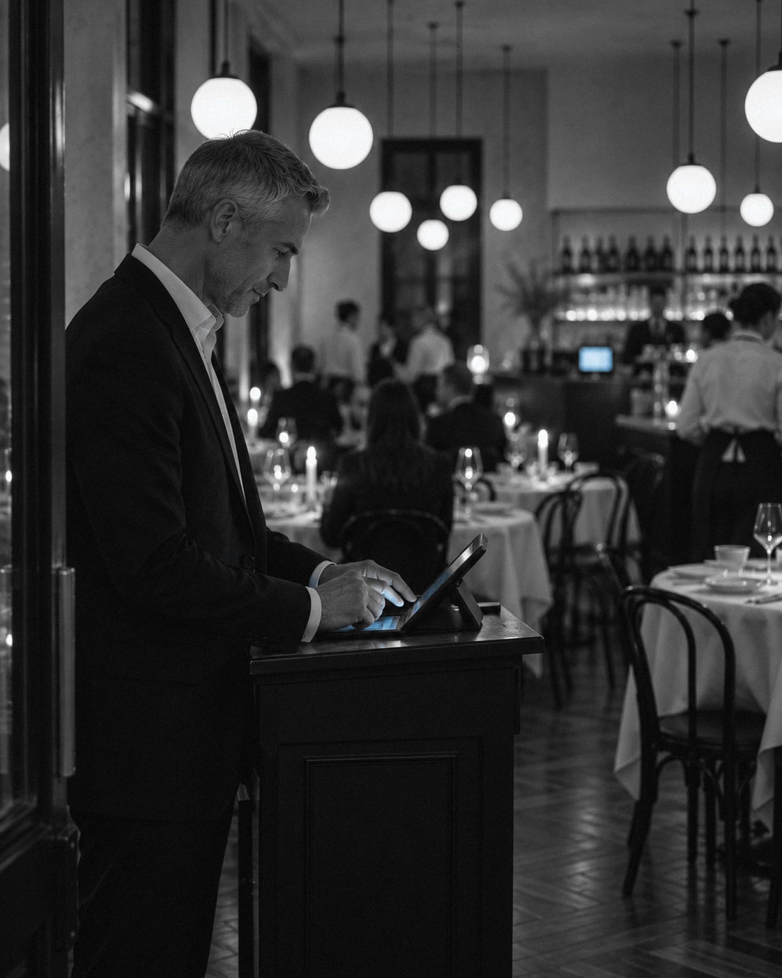 A host at the host stand mid-service, checking the evening's bookings on a tablet.