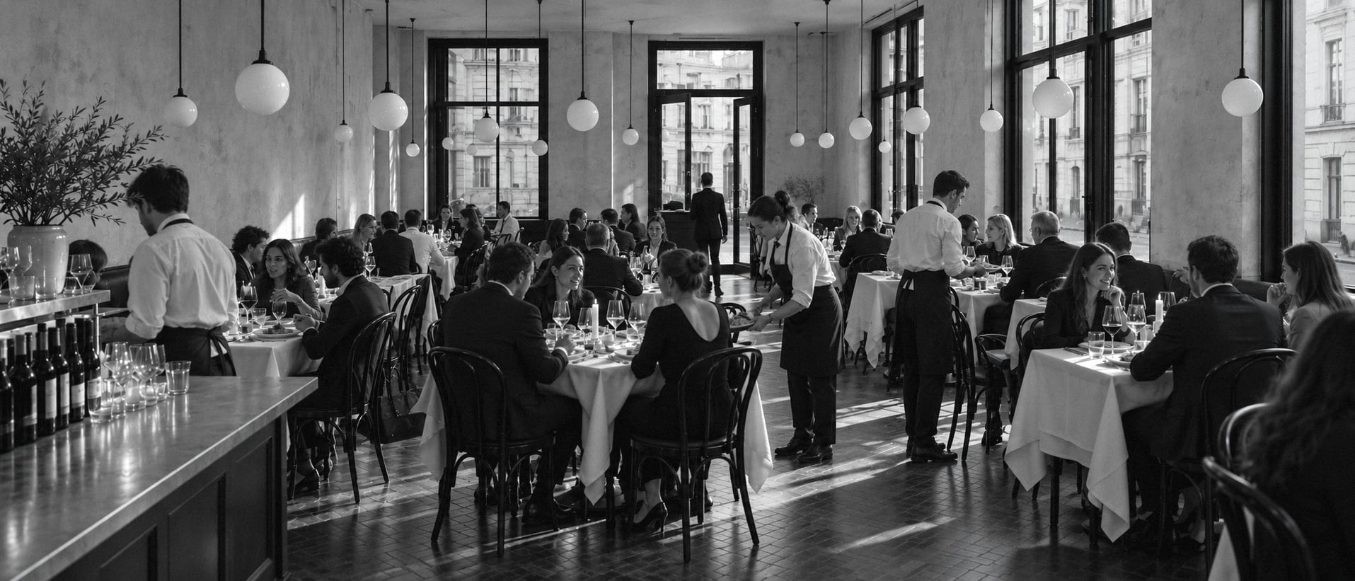 A restaurant full at lunch, guests talking at every table while the servers move between them.