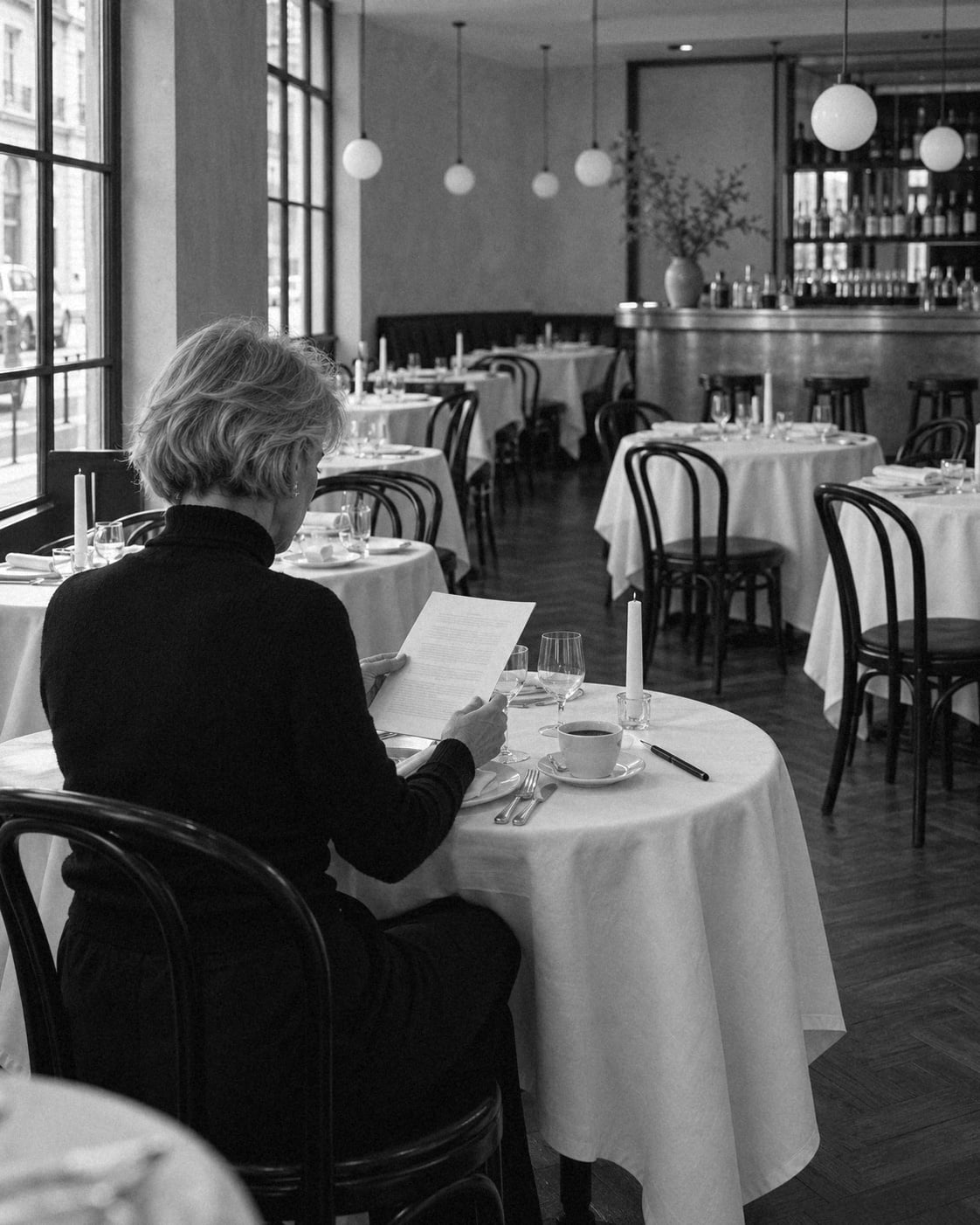 A restaurant owner at an empty table before service, reading a printed page, the dining room laid and waiting behind her.