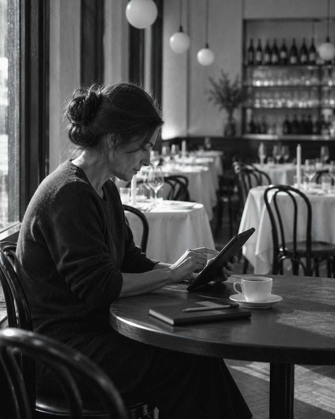 Le matin, à une table près de la fenêtre, le plan de salle se prépare sur une tablette.